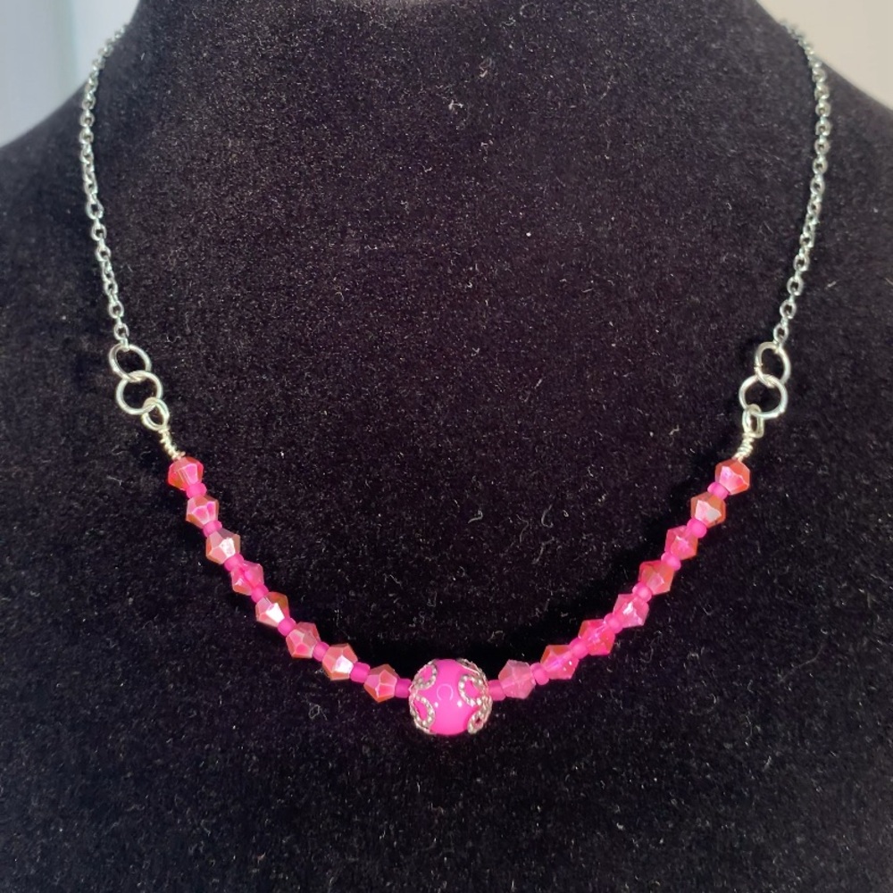 PINK CARNATION — Designer Pink Glass Beaded Necklace with Heart Toggle Clasp